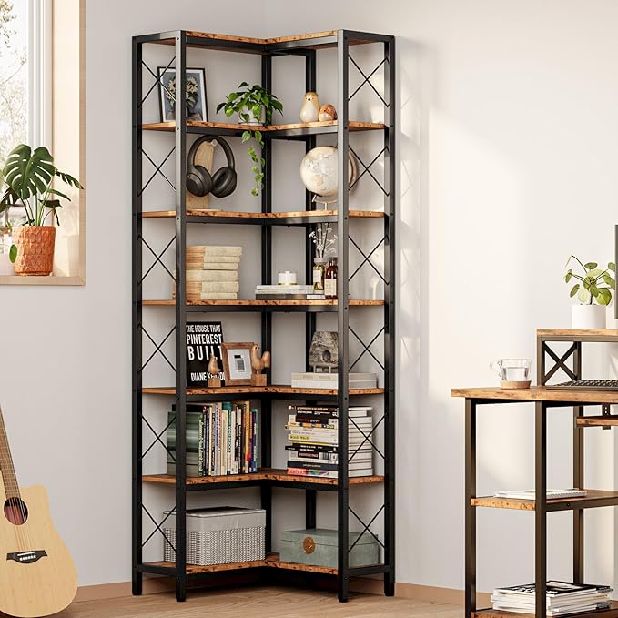 IRONCK Corner Bookshelf, 7-Tier Industrial Corner Bookcase, Tall Corner Shelf by IRONCK