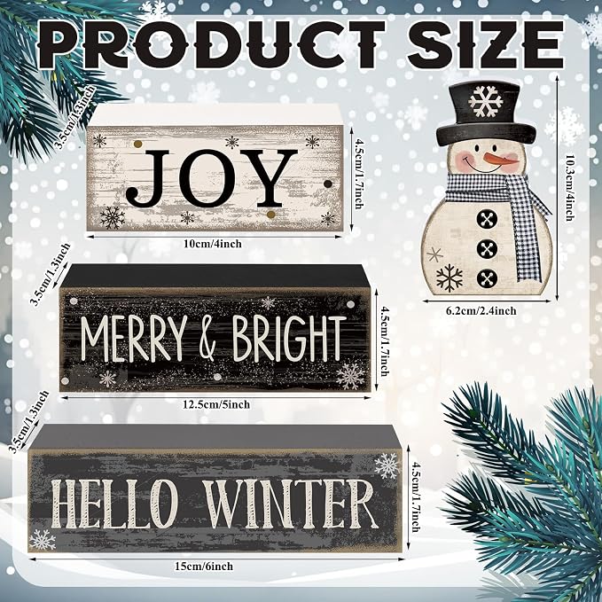 Lineshading 4 Pcs Snowman Christmas Table Decorations Black and White Wooden - Image 3