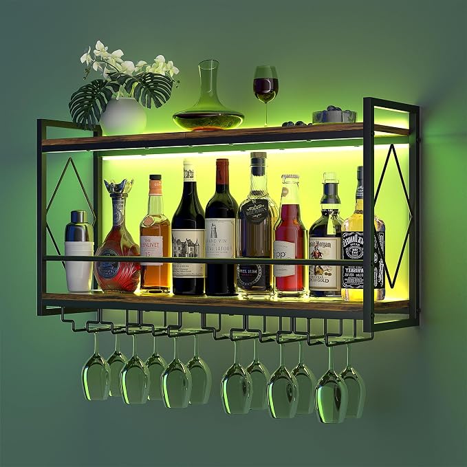 Wall Mounted Wine Rack with LED Light, 31.5" Bar Liquor Shelves with Glass - Image 3