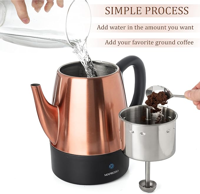 Mixpresso 4 Cup Percolator Coffee Pot Electric, Copper Stainless Steel Coffee - Image 2