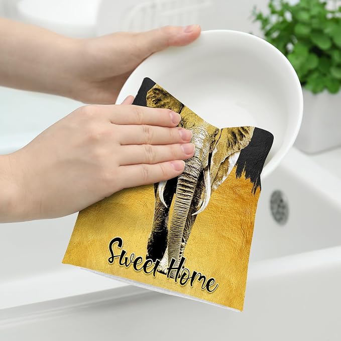 Elephant Kitchen Towels Decorative Set of 2, Absorbent Golden Dish Towels Black - Image 3