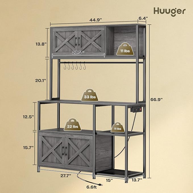 Huuger Large Bakers Rack with Power Outlet, Kitchen Microwave Stand with - Image 3