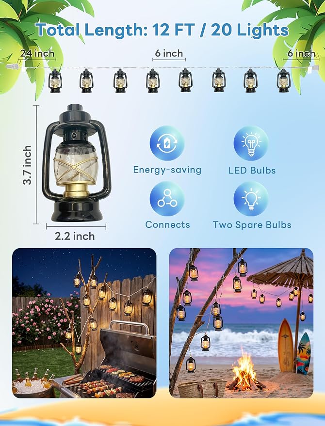 Vintage Kerosene Lantern String Lights, 12FT Retro Hurricane Lamp - Image 2
