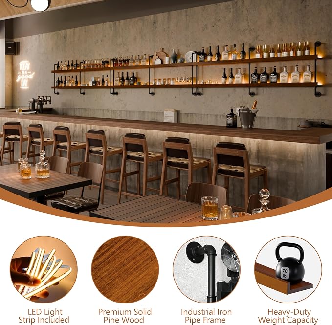 Wall Mounted Wine Rack with LED Light, LED Industrial Pipe Wine Shelf, 2-Tier - Image 3