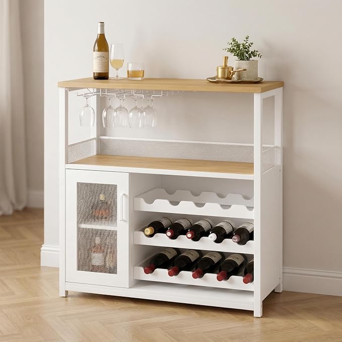 Wine Bar Cabinet, 3-Tier Removable wine rack cabinet glass holder, Mesh door by IDEALHOUSE