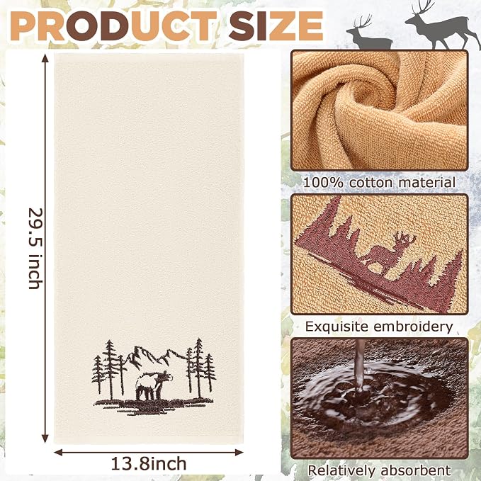 Gilprop 3 Pcs Rustic Cabin Hand Towels Woodland Forest Deer Embroidered - Image 2