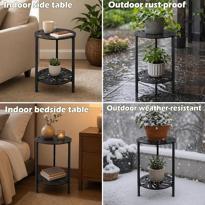 2-Tier Metal Round Side Table Black Accent Coffee Tables Small Space Corner - Image 9