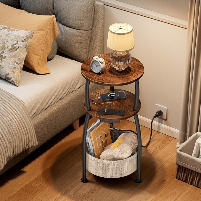 Side Table with Charging Station, Small Round End Table with Basket, USB and - Image 4