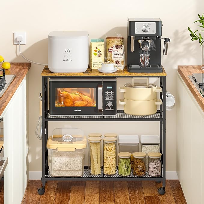 3 Tier Rolling Kitchen Microwave Cart, 33 Inch Microwave Table Stand - Image 8