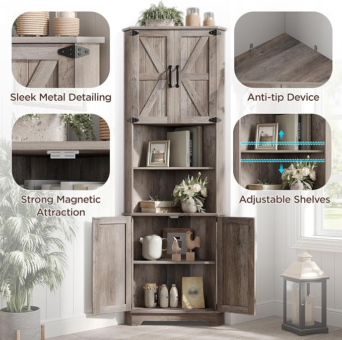 Vabches 68.9" Tall Corner Cabinet, Farmhouse Style Storage Cabinet - Image 3