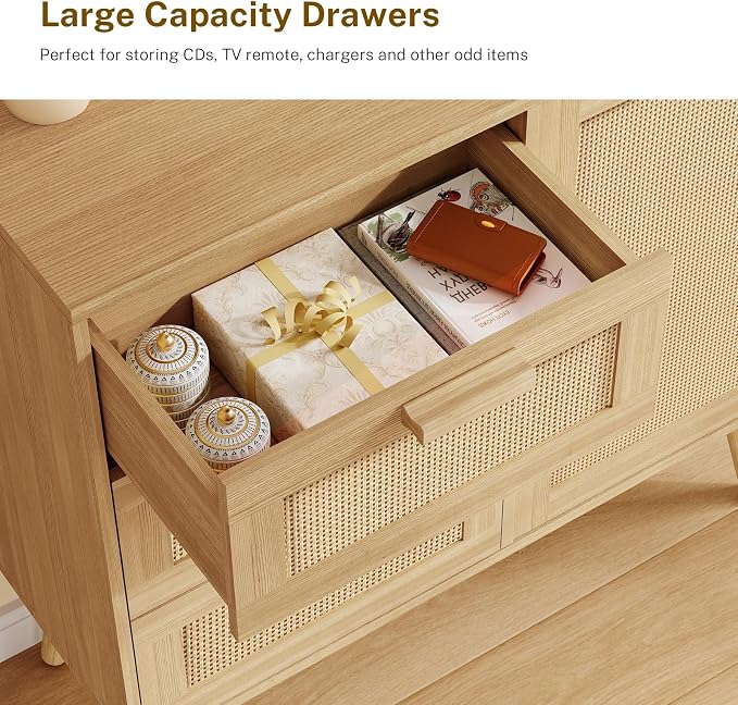 TEENFON Storage Cabinet with Rattan Door & 3 Drawers, Rattan Cabinet with - Image 6