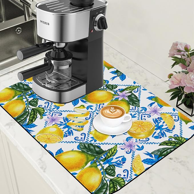 Lemon Fruit and Purple Flower Coffee Mat Absorbent Dish Drying Mat by Unknown