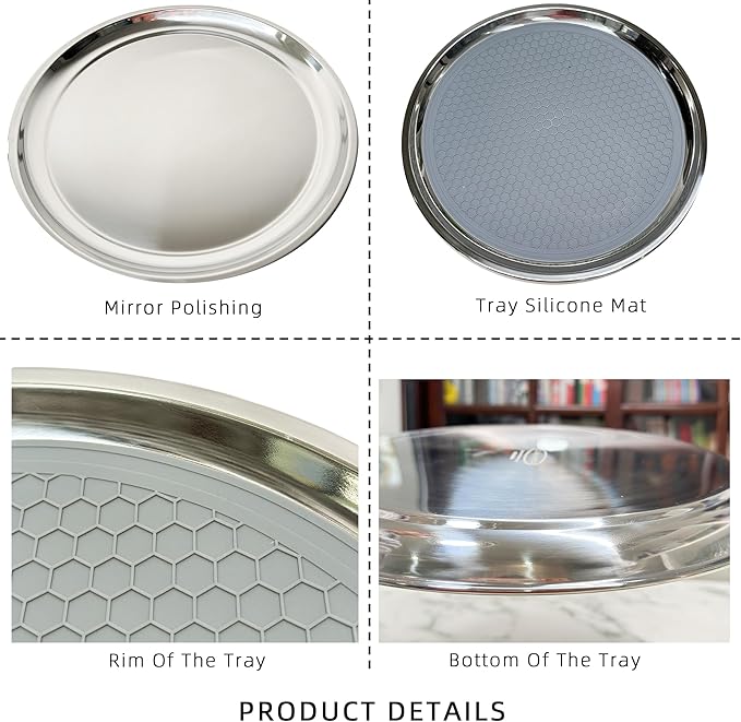 Stainless Steel Round Serving Tray 13.3 Inches Bar Silver Tray 2 Packs - Image 5