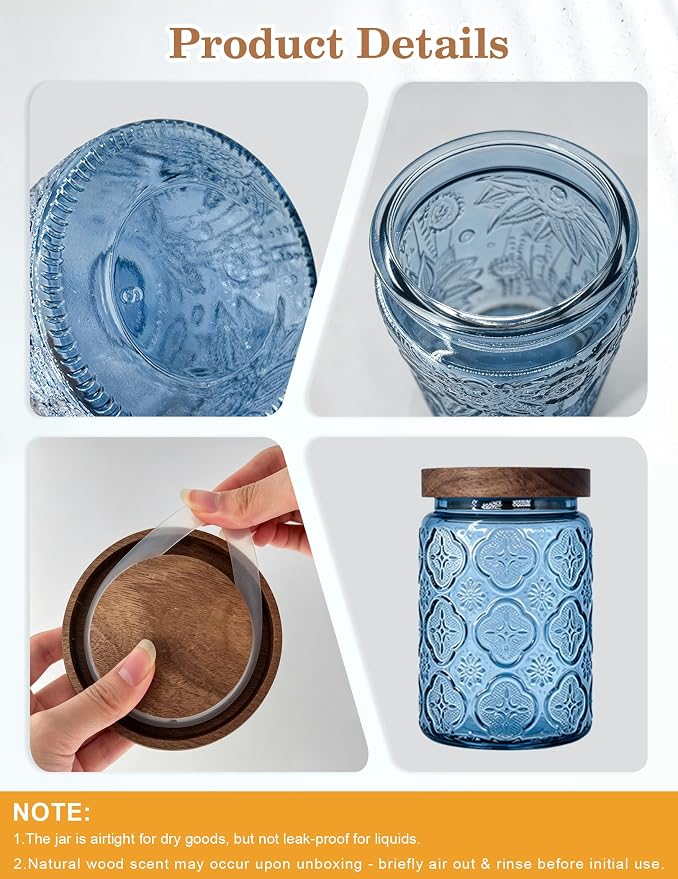 Glass Jars with Airtight Wood Lids – 4 PC 24 OZ Vintage Storage Canisters Set - Image 3