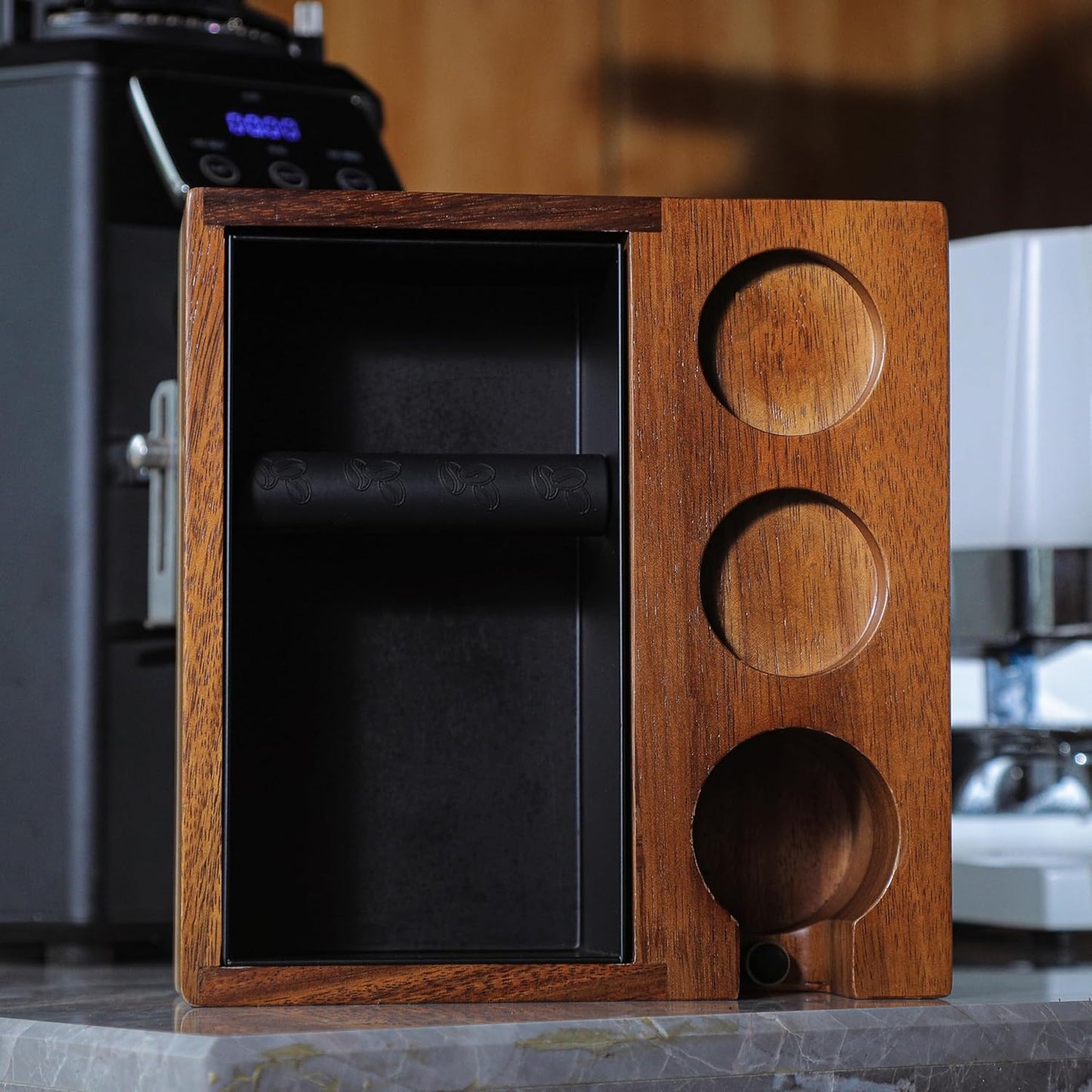 51mm Espresso Knock Box and Tamping Station – Walnut Espresso Tool Organizer with Detachable Knock Box, Tamper Holder, and Portafilter Stand – Perfect for 51mm Espresso Accessories