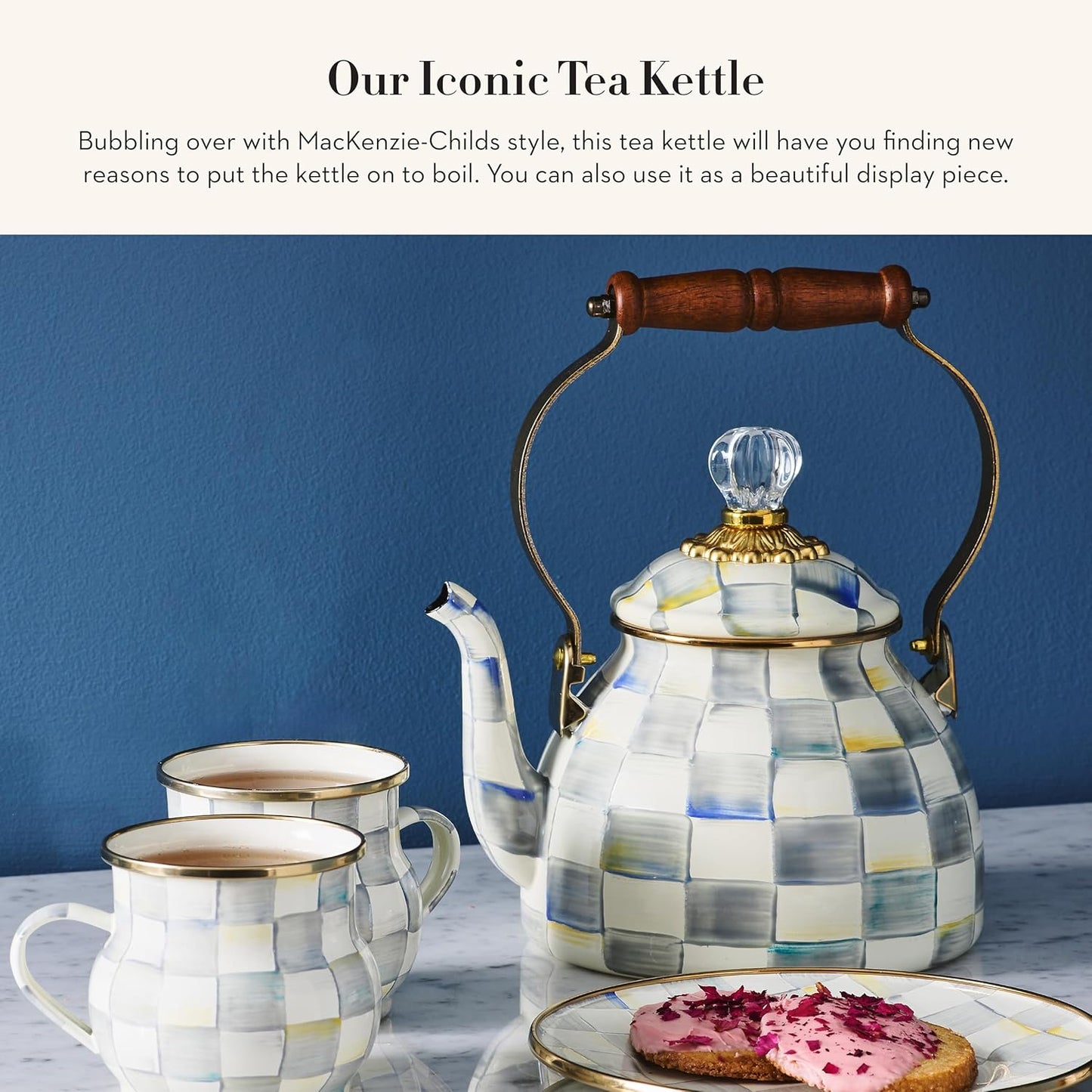 MACKENZIE-CHILDS Enamel Tea Kettle, Stylish Tea Kettle for Stovetop, Grey-and-White Sterling Check, 2 Quarts