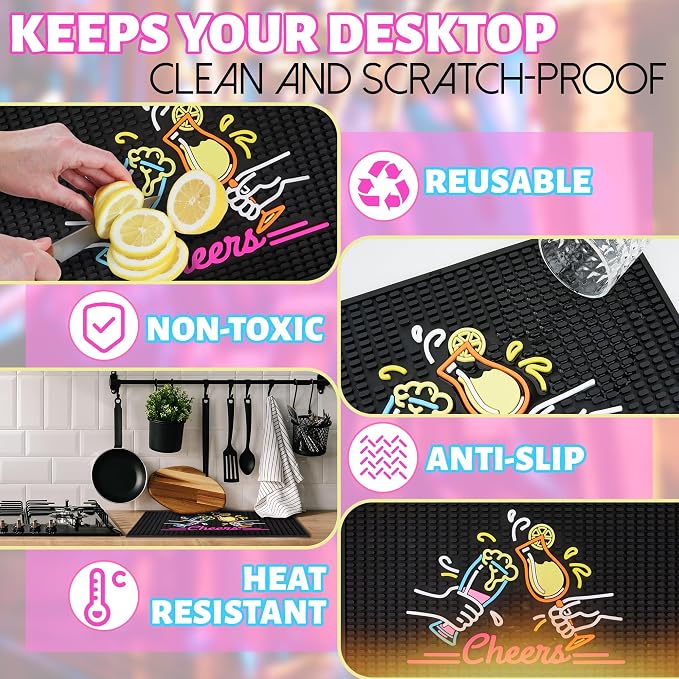 Decorative Rubber Bar Mat, Drainage Grooves & Prongs, Washable Bartender - Image 8