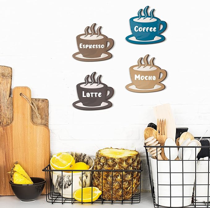 Blulu 4 Pieces Coffee Wooden Wall Art Decor Wooden Coffee Cup Signs Espresso - Image 6
