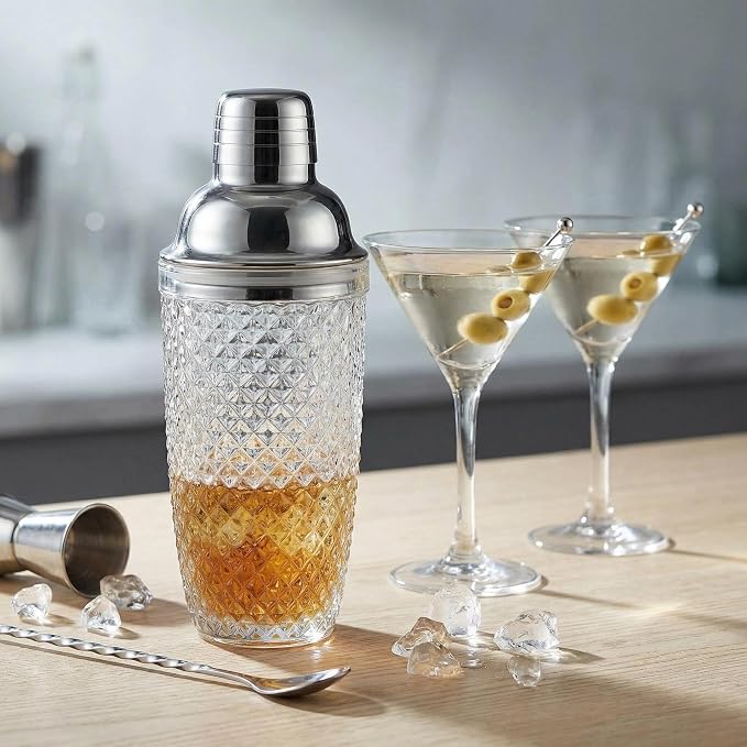 Diamond Cut Glass Cocktail Shaker 15oz | Leakproof, Stainless Lid, Upgrated - Image 6