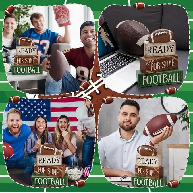 Yuntau 4 Pcs Football Fall Table Decoration Happy Football Wooden Block Sign - Image 5