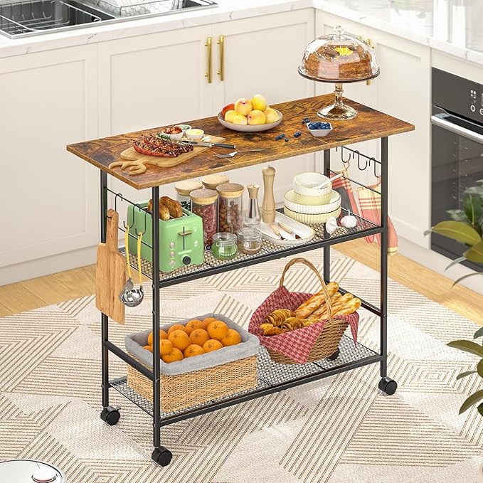 Kitchen Island with 3 Shelves, Rolling Kitchen Cart with 6 Hooks and Protective by ThreeHio