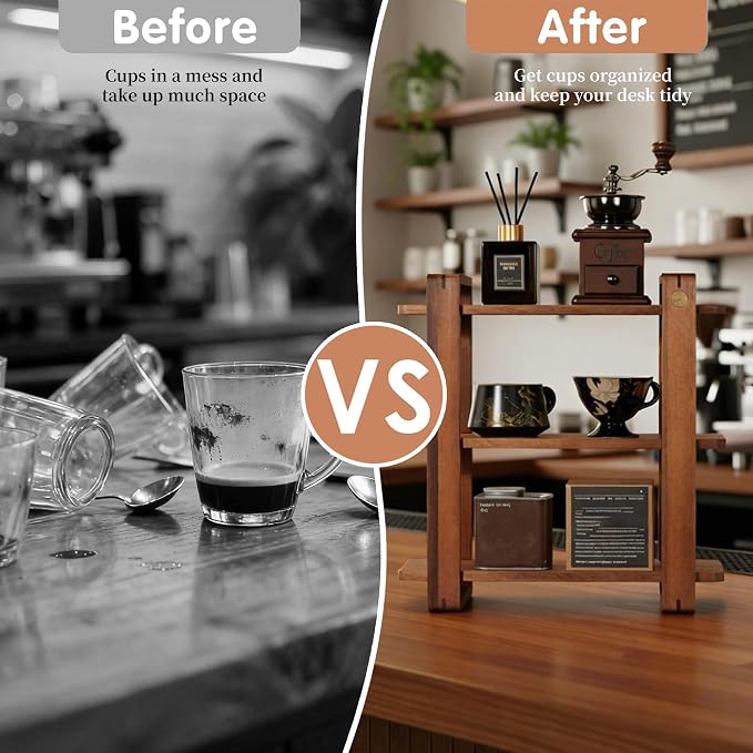 Coffee Station Organizer for Kitchen walnut WoodenCountertop Mug Holder 3 Tier - Image 4