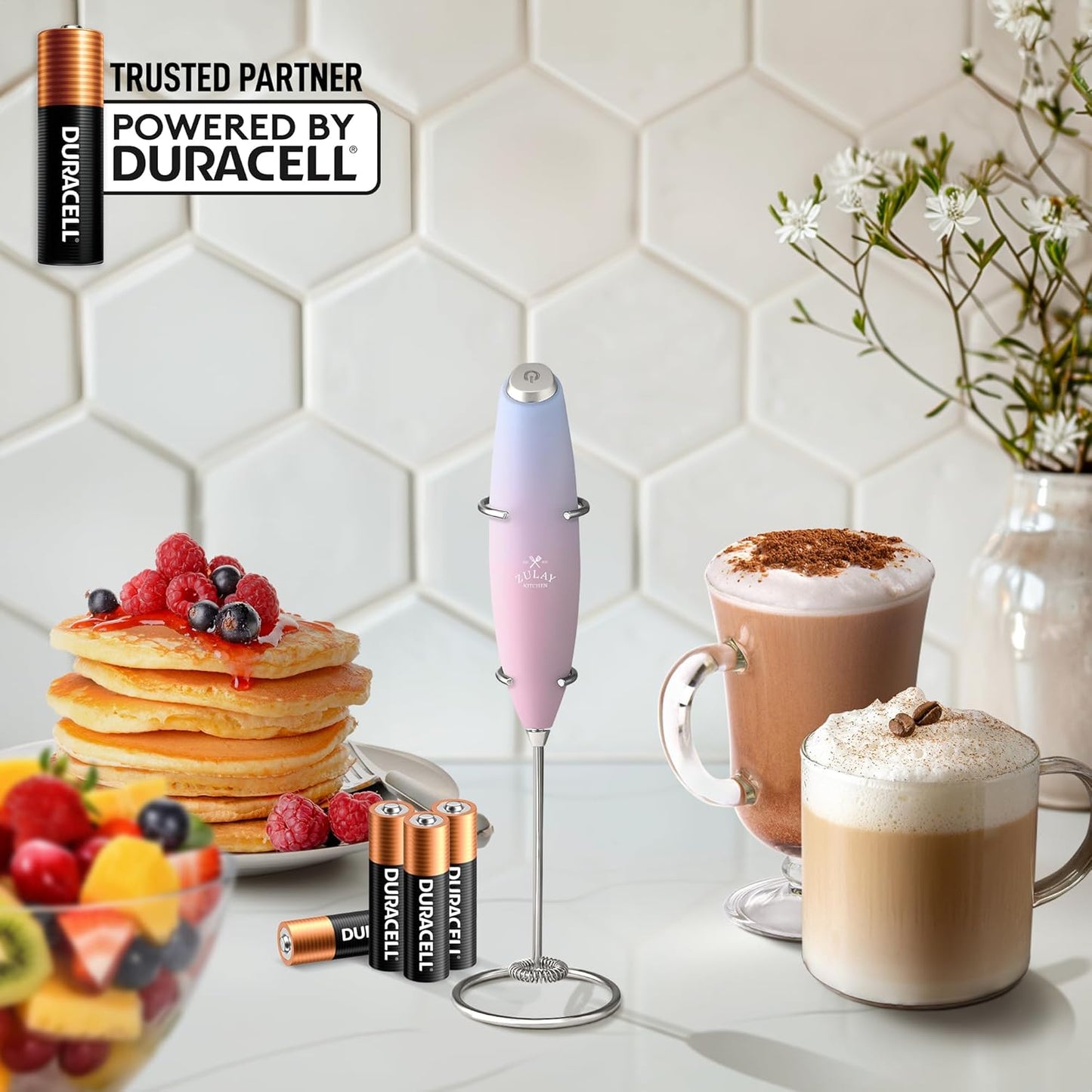 Zulay Kitchen Powerful Milk Frother Wand With 4 AA Duracell Batteries - Ultra Fast Handheld Drink Mixer - Electric Whisk Foam Maker for Coffee, Lattes, Cappuccino, Matcha & Creamer -