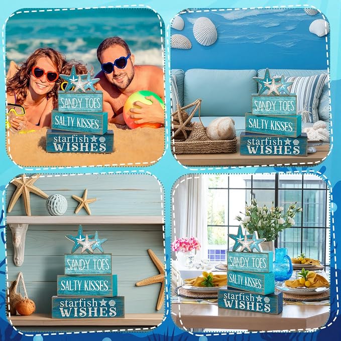 Yuntau 4 Pcs Summer Table Decorations Beach Tiered Tray Decor Starfish Coastal - Image 5