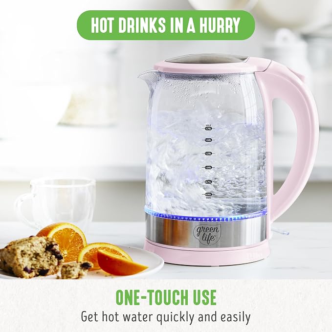 GreenLife 1.7 Liter Glass Electric Kettle, Easy One Touch Use, Quick Heating - Image 2