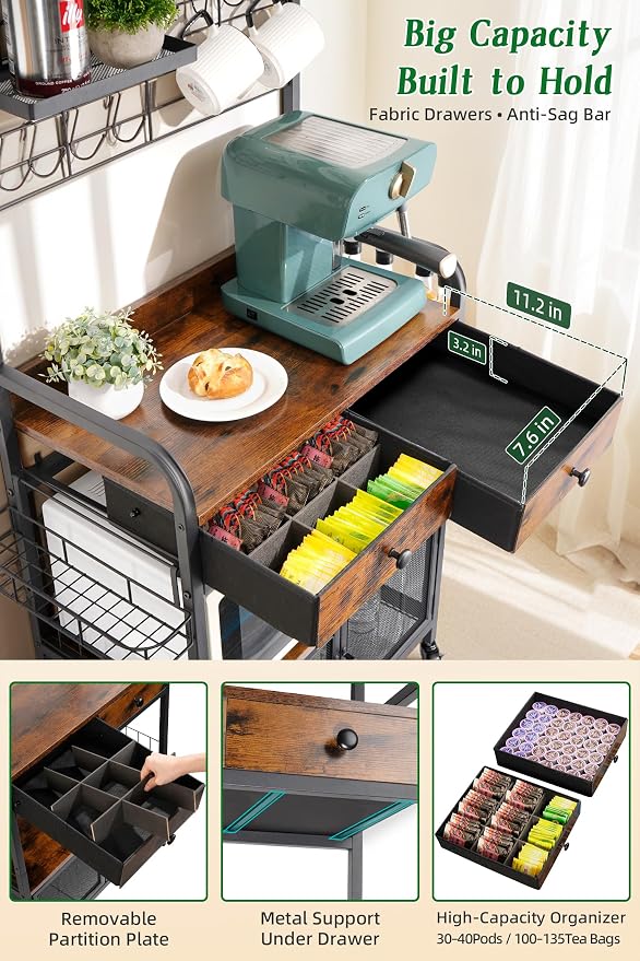 Rolling Coffee Bar Cart for Small Spaces, Coffee Station Cabinet - Image 5