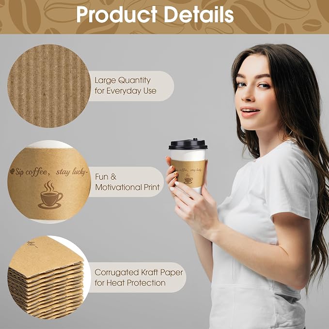 Kochorie 200 Pack Coffee Cup Sleeves Disposable Kraft Paper Coffee Sleeves - Image 3