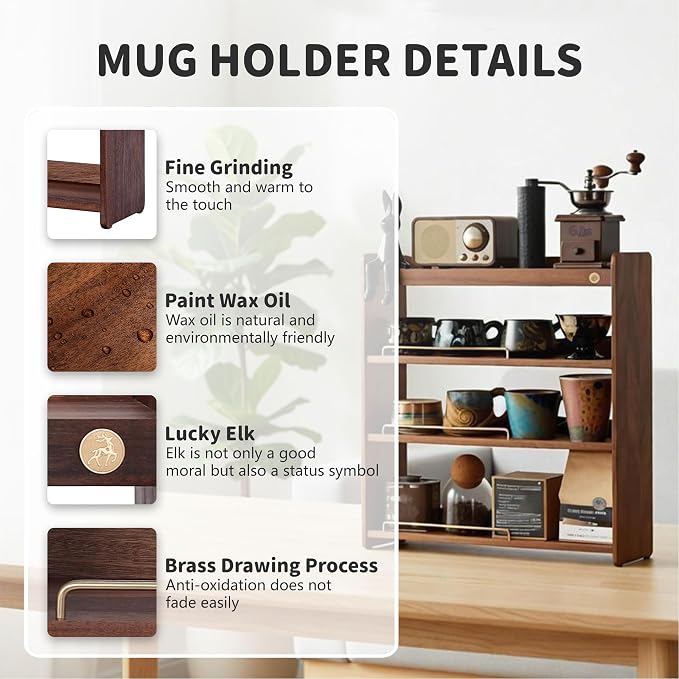 Walnut Wood Coffee Cup Rack, 4-Tier | Coffee Bar Organizer - Image 3