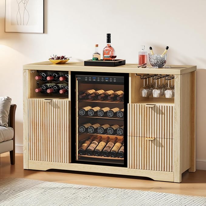 Coffee Bar Cabinet with Fridge Space, Wood Buffet Sideboard Table, Fluted by Leteuke