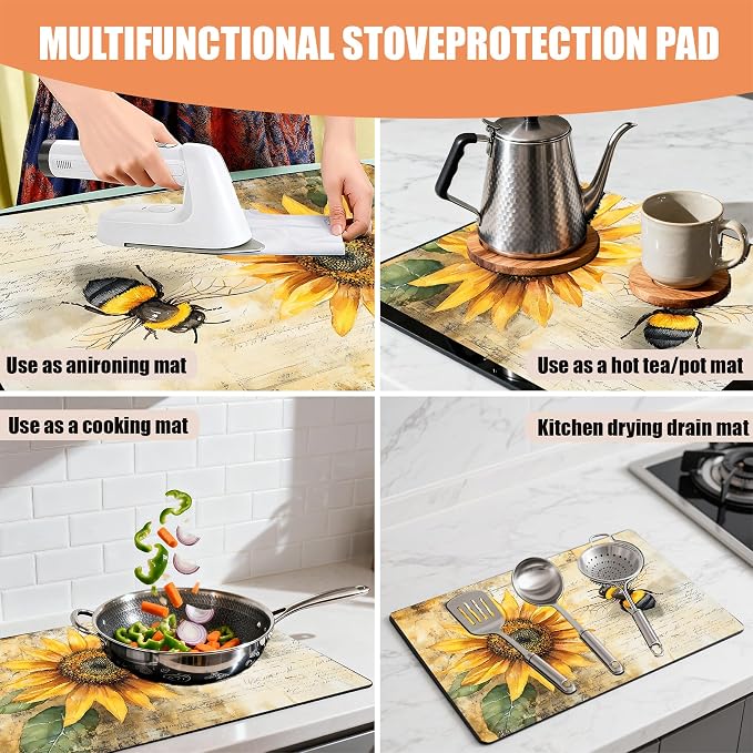 28"x20" Anti-Slip Electric Stove Top Cover Sunflower-Bee Foldable - Image 3