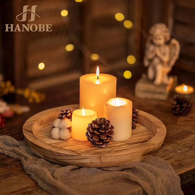 Hanobe Wooden Tray for Coffee Table: Candle Holder Plate Round Decorative - Image 2