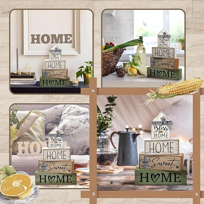 Moucuny 4 Pcs Wooden Farmhouse Table Decor Rustic Home Sweet Home Stacked - Image 4