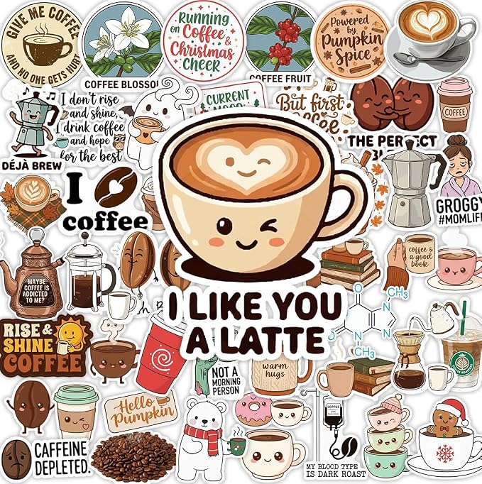 Coffee Stickers Set 46 Pack. Cute Kawaii Funny Coffee Cup Stickers by BLAUBECK