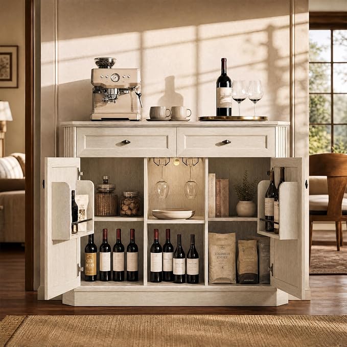 White Coffee Bar with 2 Drawers & 2 Doors, LED Wine Bar Cabinet with Wine - Image 2