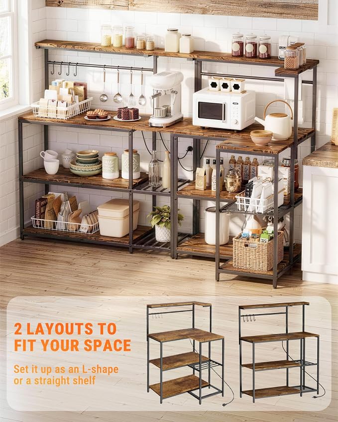 L-Shaped Bakers Rack with Power Outlet, 4-Tier Corner Kitchen Shelf, Microwave - Image 2