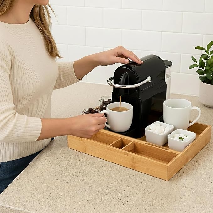 Natural Bamboo Coffee Station Organizer Tray – Multipurpose Storage - Image 6