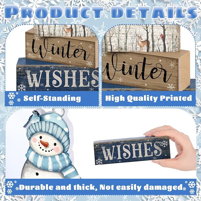 Lineshading 4 Pcs Snowman Christmas Table Decorations Blue and White Wooden - Image 6