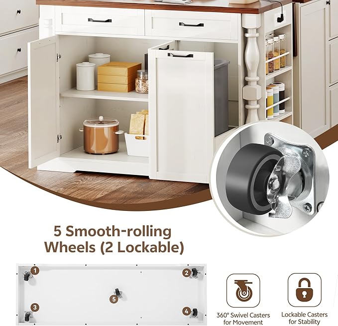 Kitchen Island with Power Outlet & Trash Cabinet, 47.6" Roman Style Rolling - Image 3