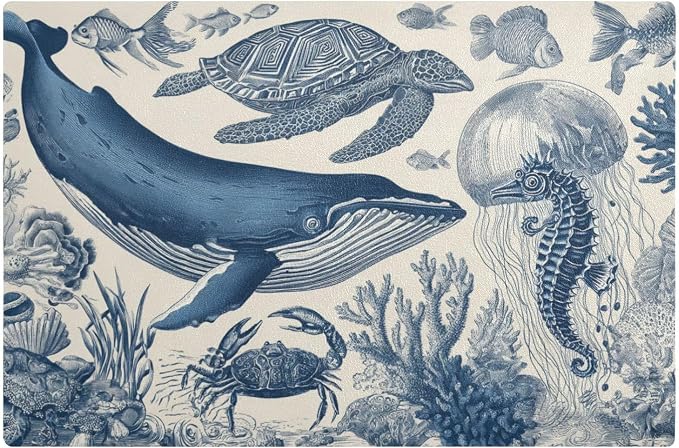 Deep Blue White Whale Turtle Jellyfish Retro Marine Style Coffee Mat Coffee Bar by QwThum