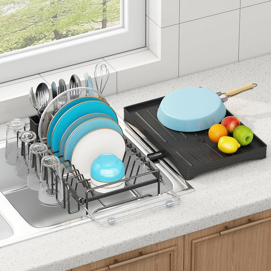 ANTOPY Dish Drying Rack in Sink, Expandable Rustproof Dish Rack for Kitchen Counter, Over The Sink Dish Drainer with Utensil Holder, Cup Rack, Drainboard, Space Saving Dish Dryer Rack for Inside Sink