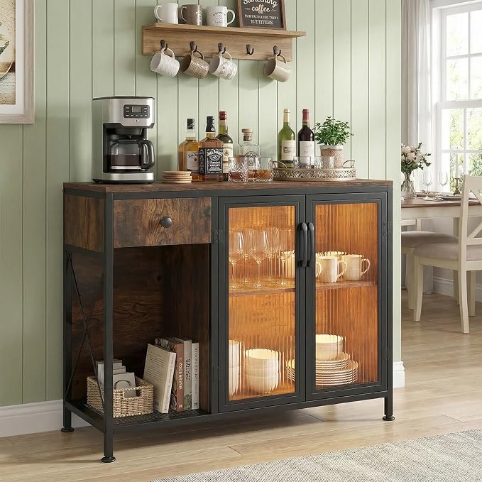 Giantex Buffet Sideboard with Power Outlets and LED Light, Industrial Kitchen - Image 9