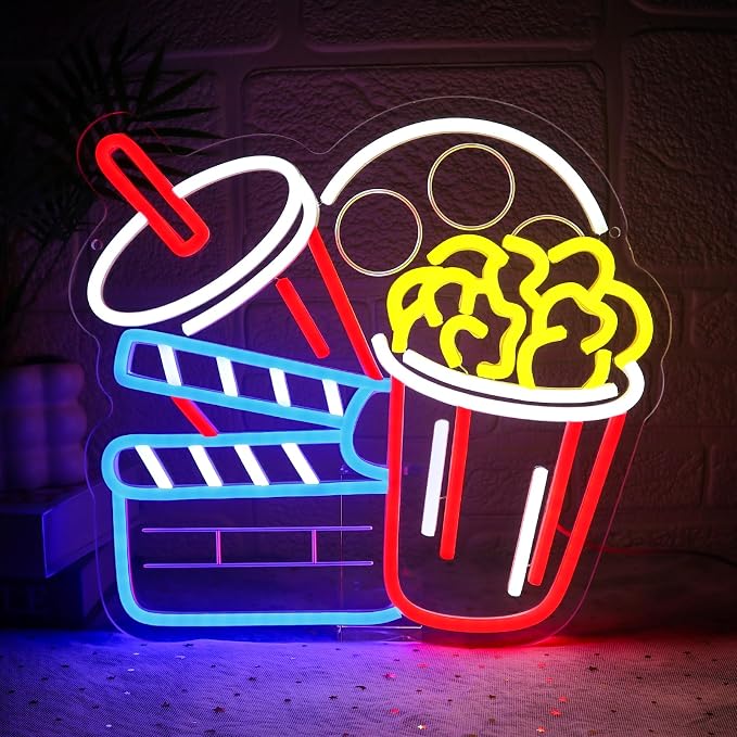Cinema Snacks Neon Sign for Wall Decor Dimmable Popcorn Led Sign for Movie Time by Unknown