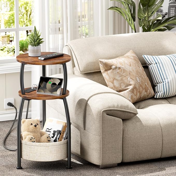 Side Table with Charging Station, Small Round End Table with Basket, USB and - Image 2