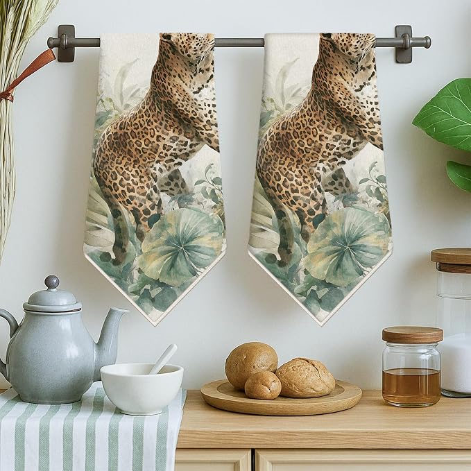 Leopard Kitchen Towels Set of 2, Tropical Naturalistic Tropical Leaves Flowers - Image 4