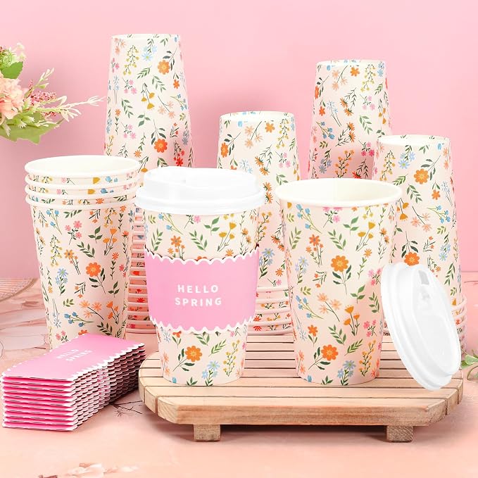 Whaline 50 Set Spring Floral Disposable Coffee Cups - Image 5