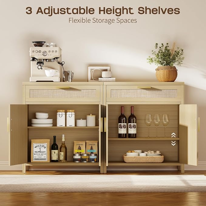 Rattan Buffet Cabinet with Storage, Sideboard Cabinet with Doors and Shelves - Image 6